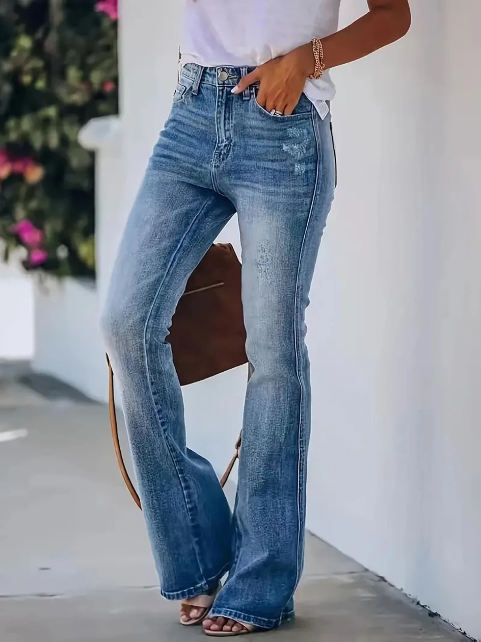 elegant girls solid color jeans high waist slimming horn Denim trousers 250317