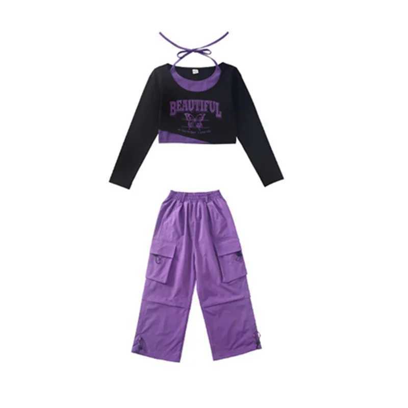 Girls Hip Hop Faux Two Piece Colorful Crop Sweatshirt Street Dance Cargo Pants Child Streetwear Kids Jazz Costumes Clothes SetsT250318