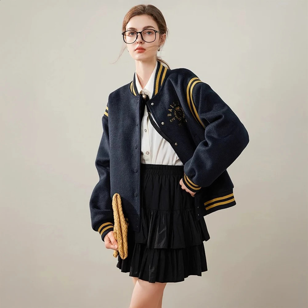 Retro school team jacket womens loose baseball retro ed letters thick wool blend casual streetwear 250317
