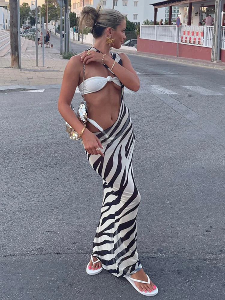 Bodycon Long Dresses For Women Beach Style Backless Vestidos De Mujer Hollow Out Sexy Robe Femme Y2k Clothes Zebra Print 250319