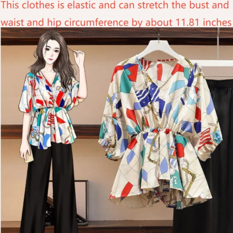 Womens 2025 Spring Pants Set Femel Two Piece Colorful Printed Vneck Bat Sleeve Top Elastic Waist Wide Leg 250319