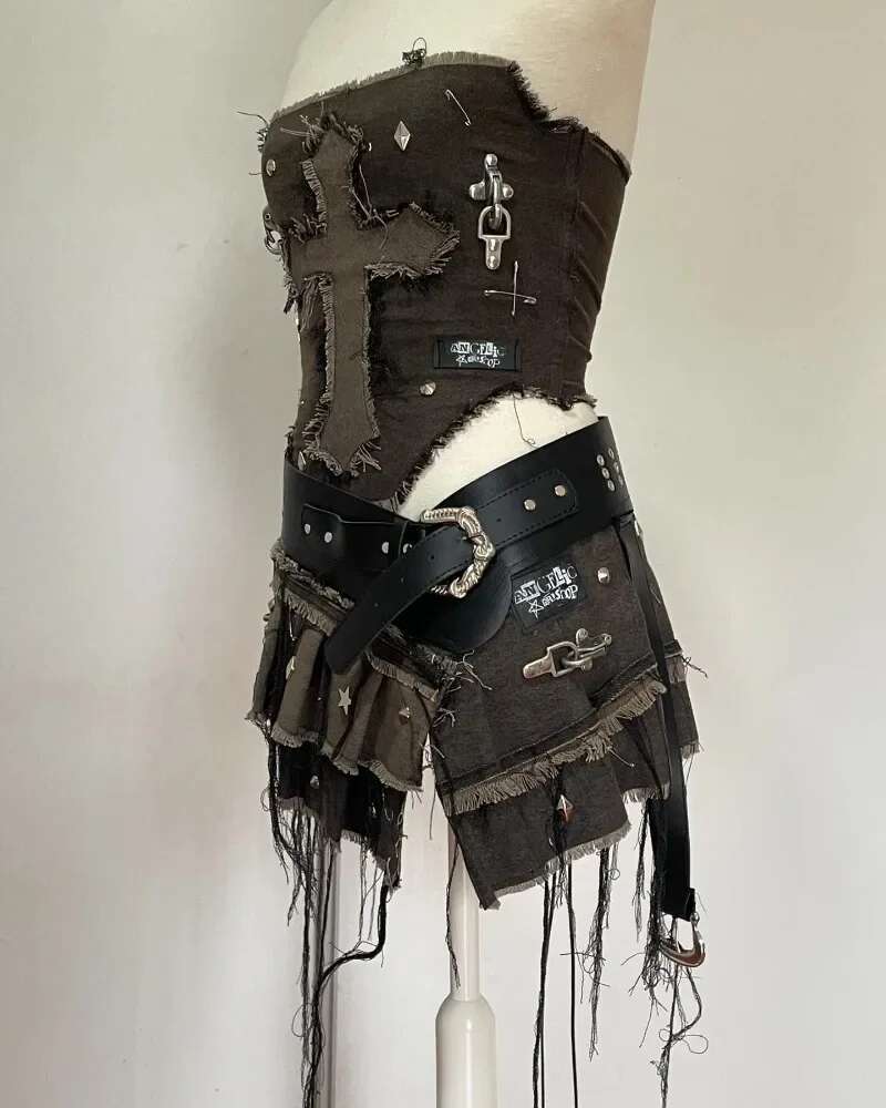 Y2k Denim Ing And Washing To Make Old Two-Piece Woharuku Goth Long-Sleeved Zipper Mini Pleated Skirt Autumn Coat