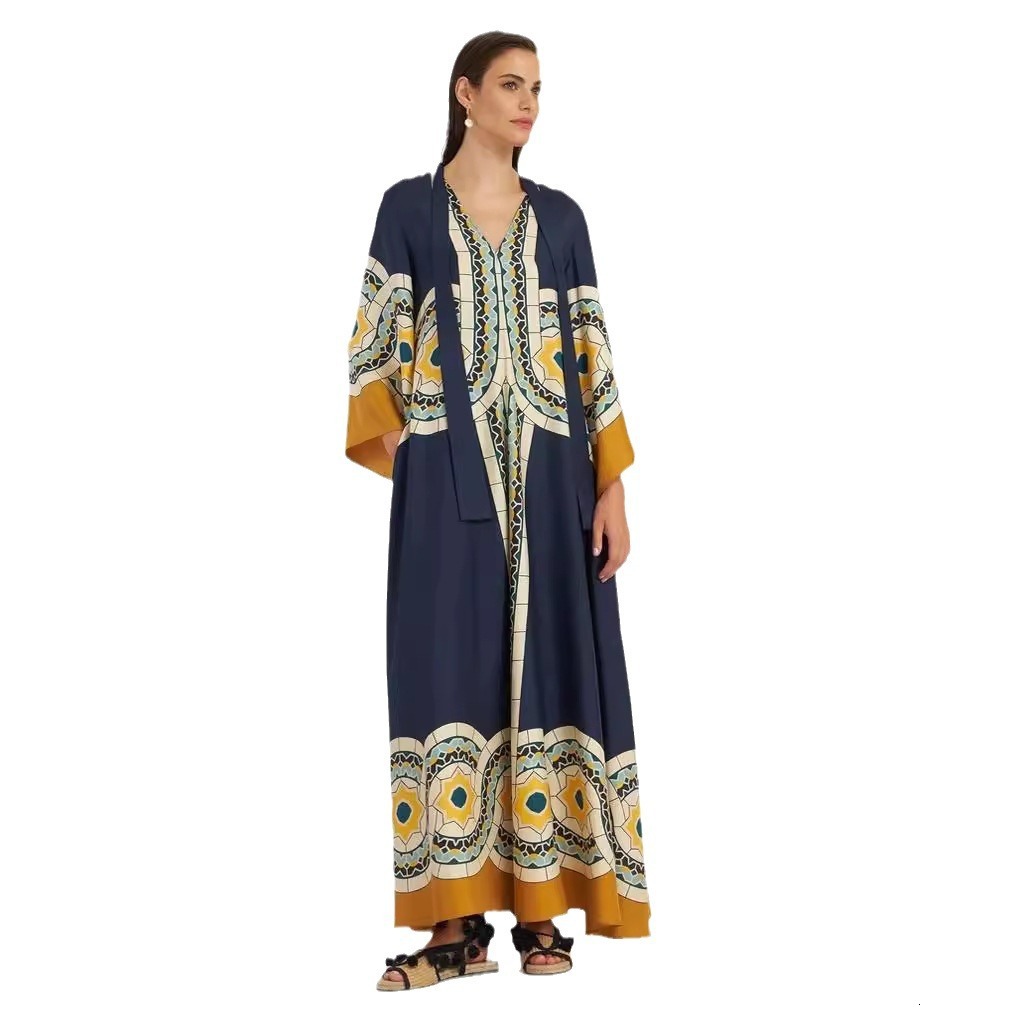 New summer printed seven quarter sleeve stand up collar dress