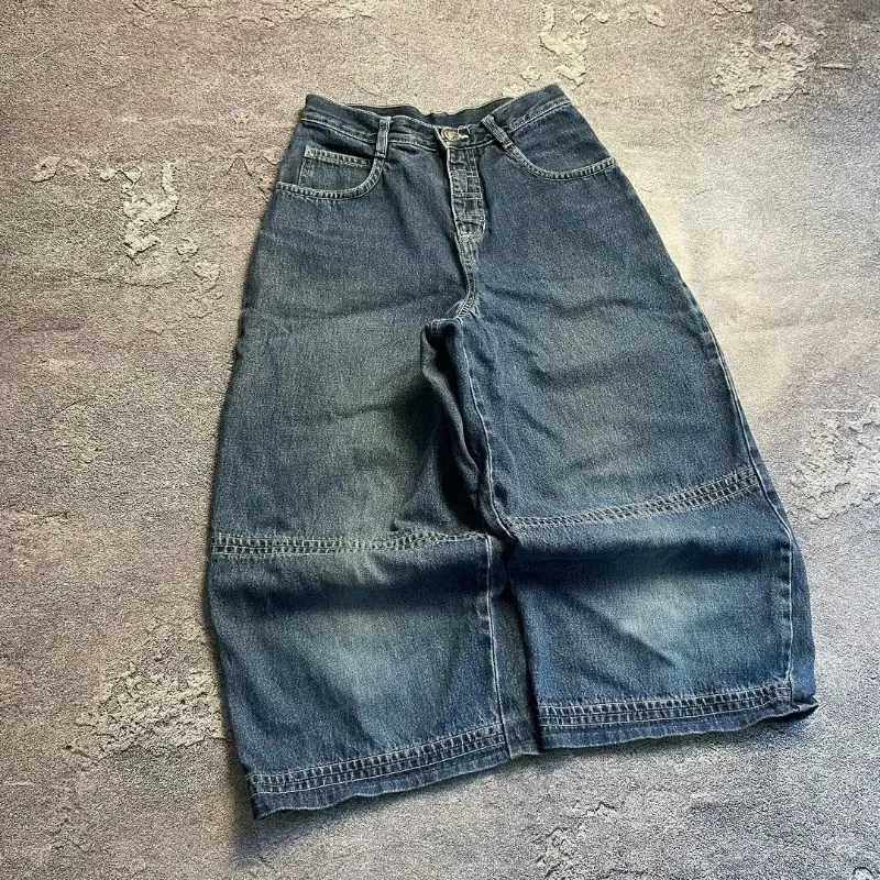 2025 blue letter embroidery new high-quality straight wide-leg street-old washing trendy sports fashion jeans design sense pantsT250319