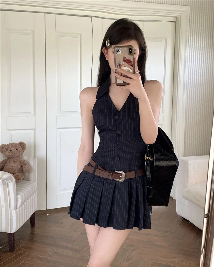 HOUZHOU Striped Mini Women Pleated Dresses Sexy Backless Chic One Piece Short Dress Sleeveless Streetwear Y2k sweet Dress 250319