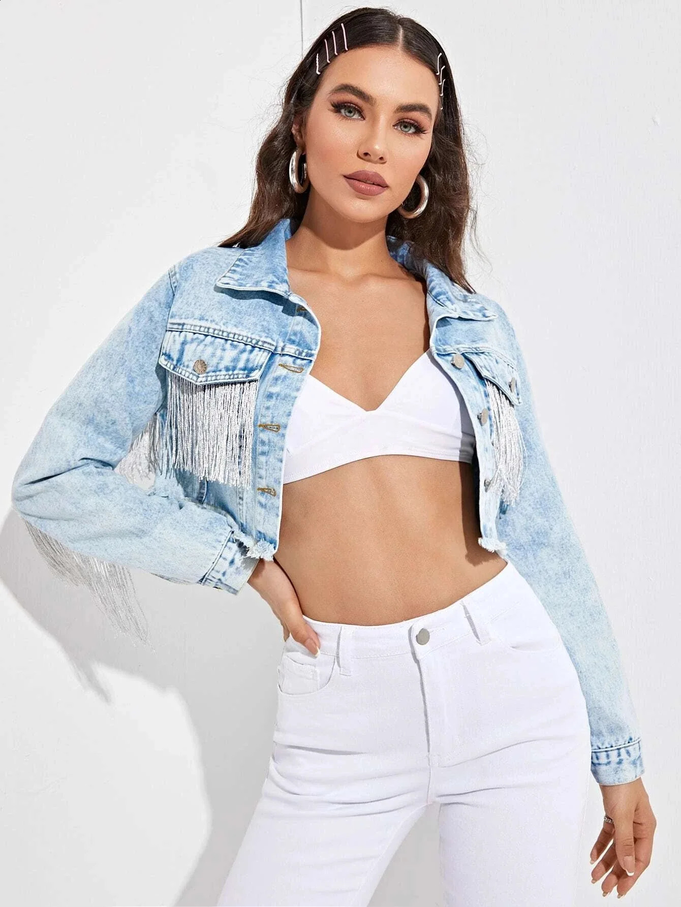 Womens edge jacket tassel cropped denim raw hem pleated 250319