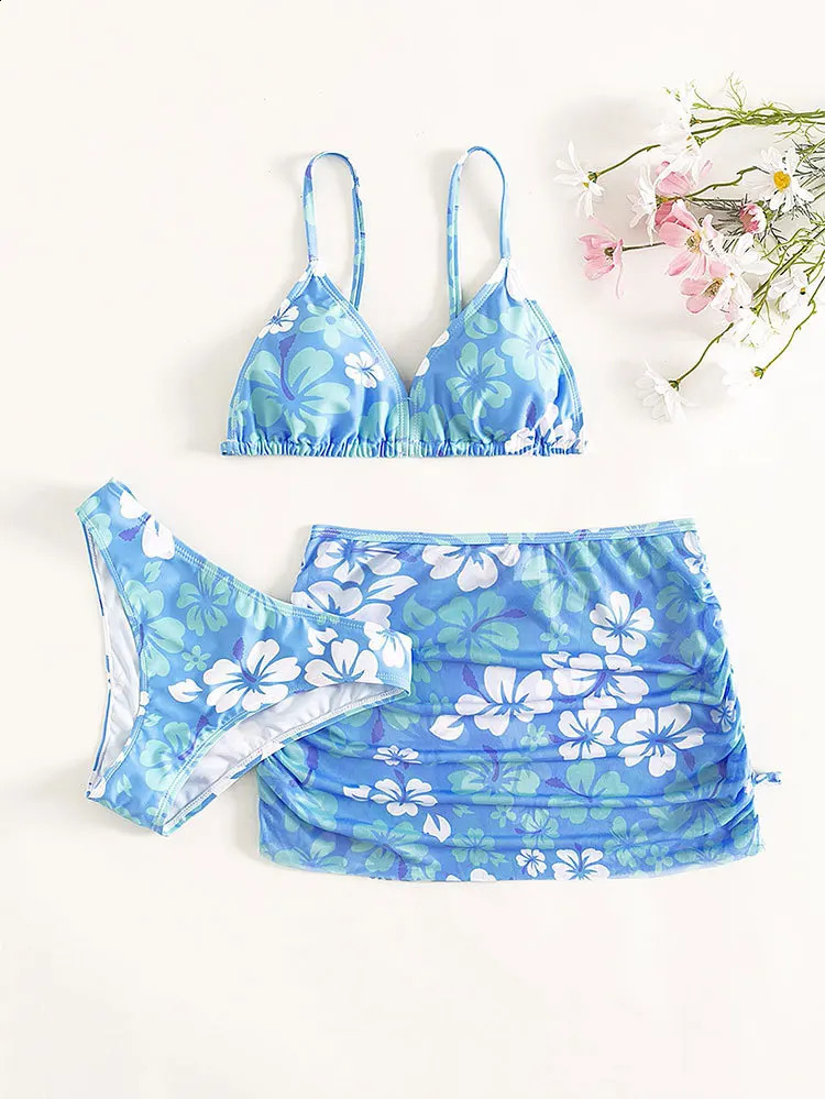 8-14years Kids Swimsuit Fashion Girl Printed three Pieces Swimsuit Swimming Suit Monokini Beach Bathing Suit 250319