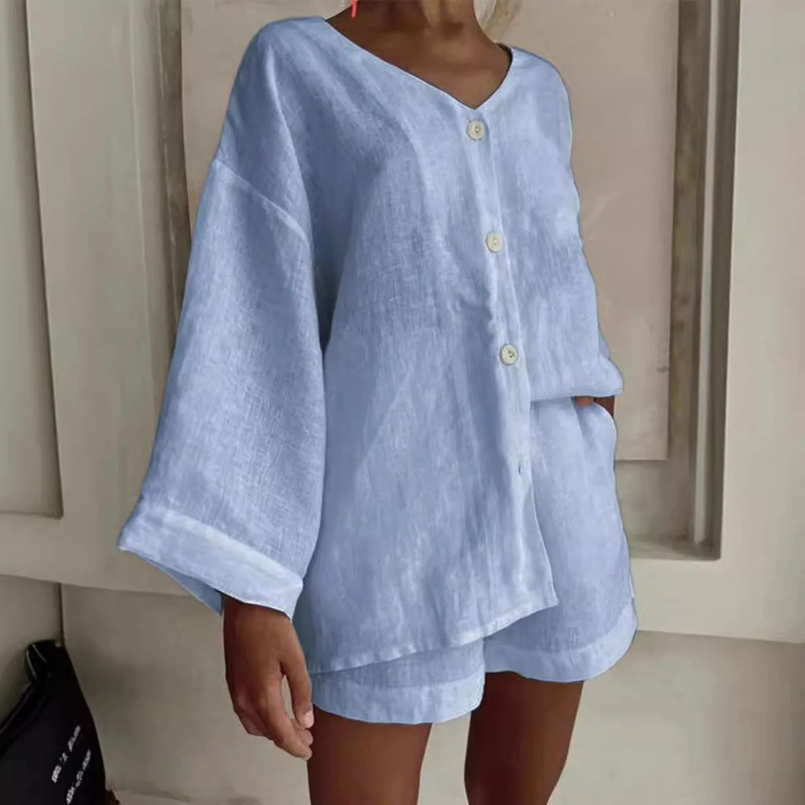 Spring/Summer Womens Holiday Shorts Set Womens Casual 2-piece Set Cotton Linen Brushed Elastic Waist Shorts 250318