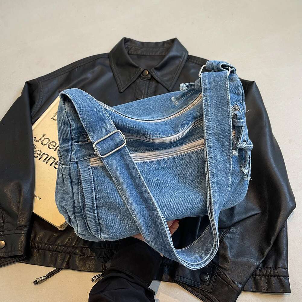 Women Denim Fashion Shoulder Adjustable Strap Casual Messenger Multi-Pockets Stylish Crossbody Outdoor Travel Bag