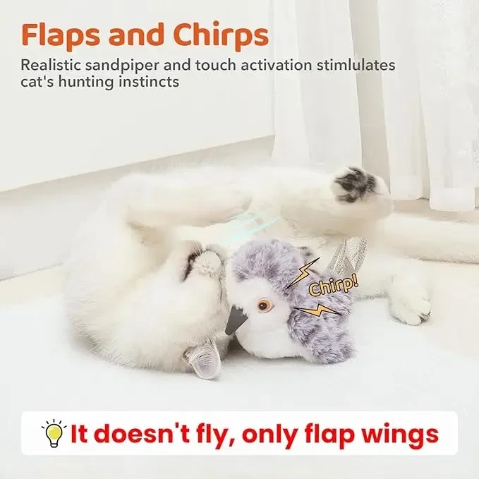 Flapping Bird Cat Toy, Lifelike Bird Chirp Tweet, Touch-Activated Kitten Toy Rechargeable, Interactive Cat Exercise Toys