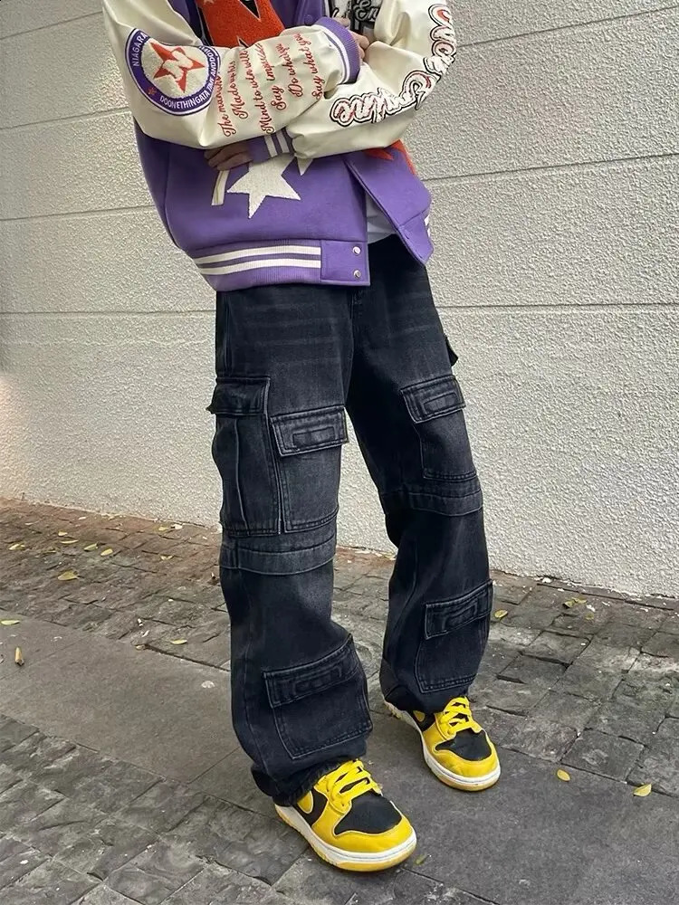 Cyber Y2K Streetwear Multi Pocket Jeans Mens Cargo Pants 90S Retro Clothing Laundry Black Cotton Pants 250317