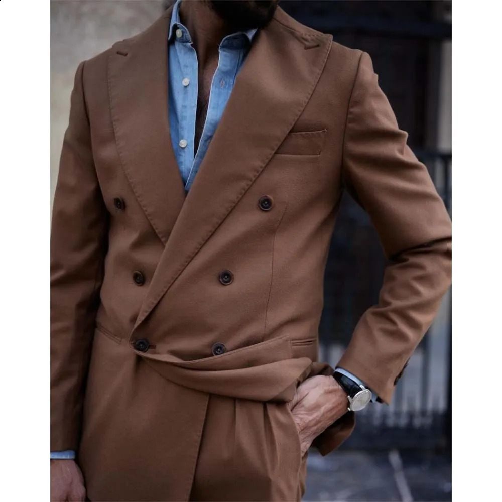 Formal Lapel Double Breasted Men Suits Brown Fashion Business Casual Prom Male Suit Slim Fit Party Wedding Tuxedo 2 Piece 250311