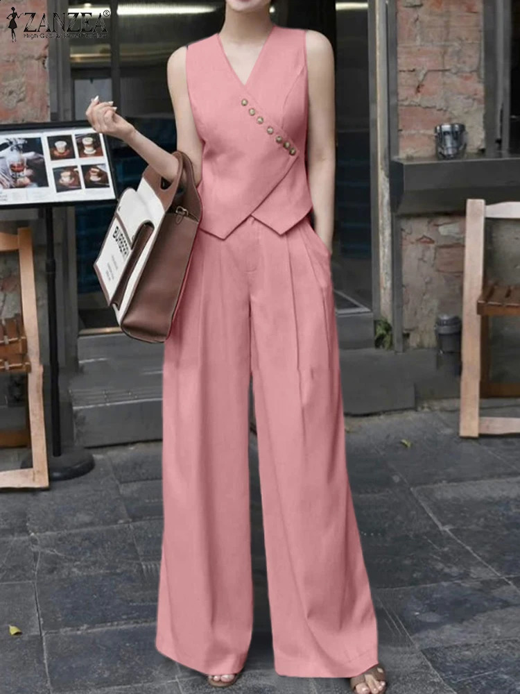 2PCS Fashion Tracksuits Summer Pants Set ZANZEA Elegant Sleeveless Shirt OL Work Clothes Loose Matching 250319