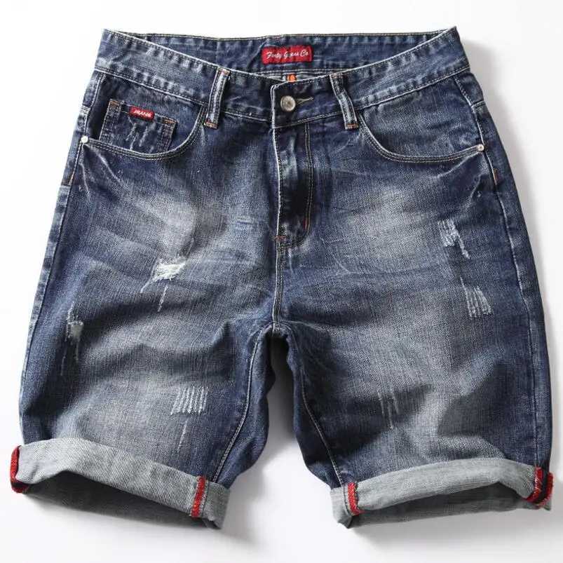 Mens blue stretch denim shorts paired with high-quality stretch casual denim jeans new summer shorts size 42 W250319