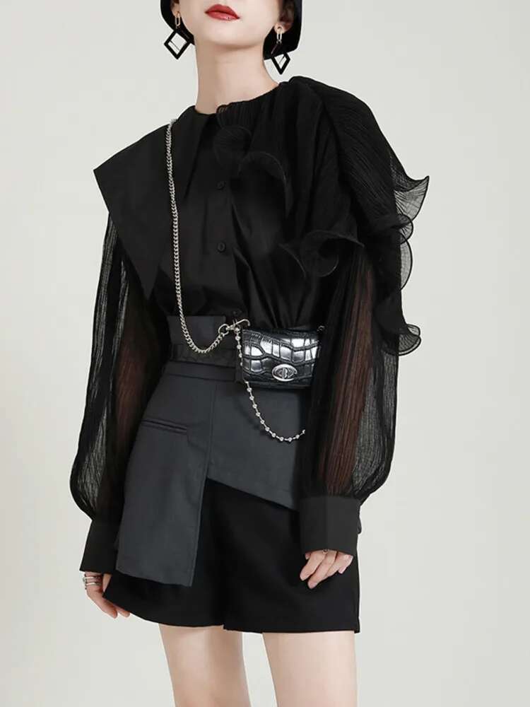 Women Green Pleated Belted Big Size Blouse New Lapel Long Sleeve Loose Fit Shirt Fashion Tide Spring Autumn 2025 1De3661