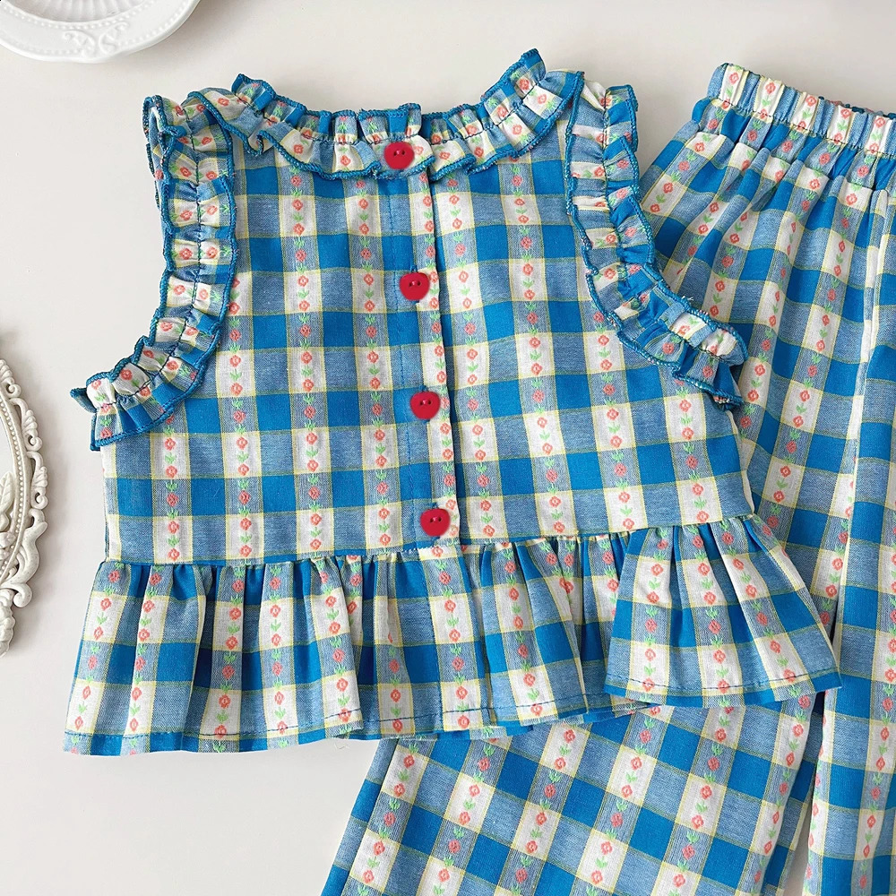 Summer girls set fashionable floral plain round neck vestwide leg pants childrens clothing twopiece 250312