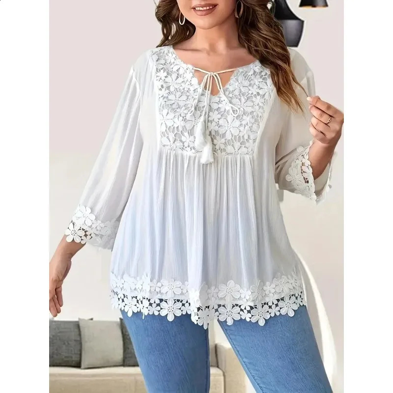Plus Size 1XL5XL Womens Casual Solid Color Shirt Ladies Fashion Lace Trim Spring summer Blouse Top 250319