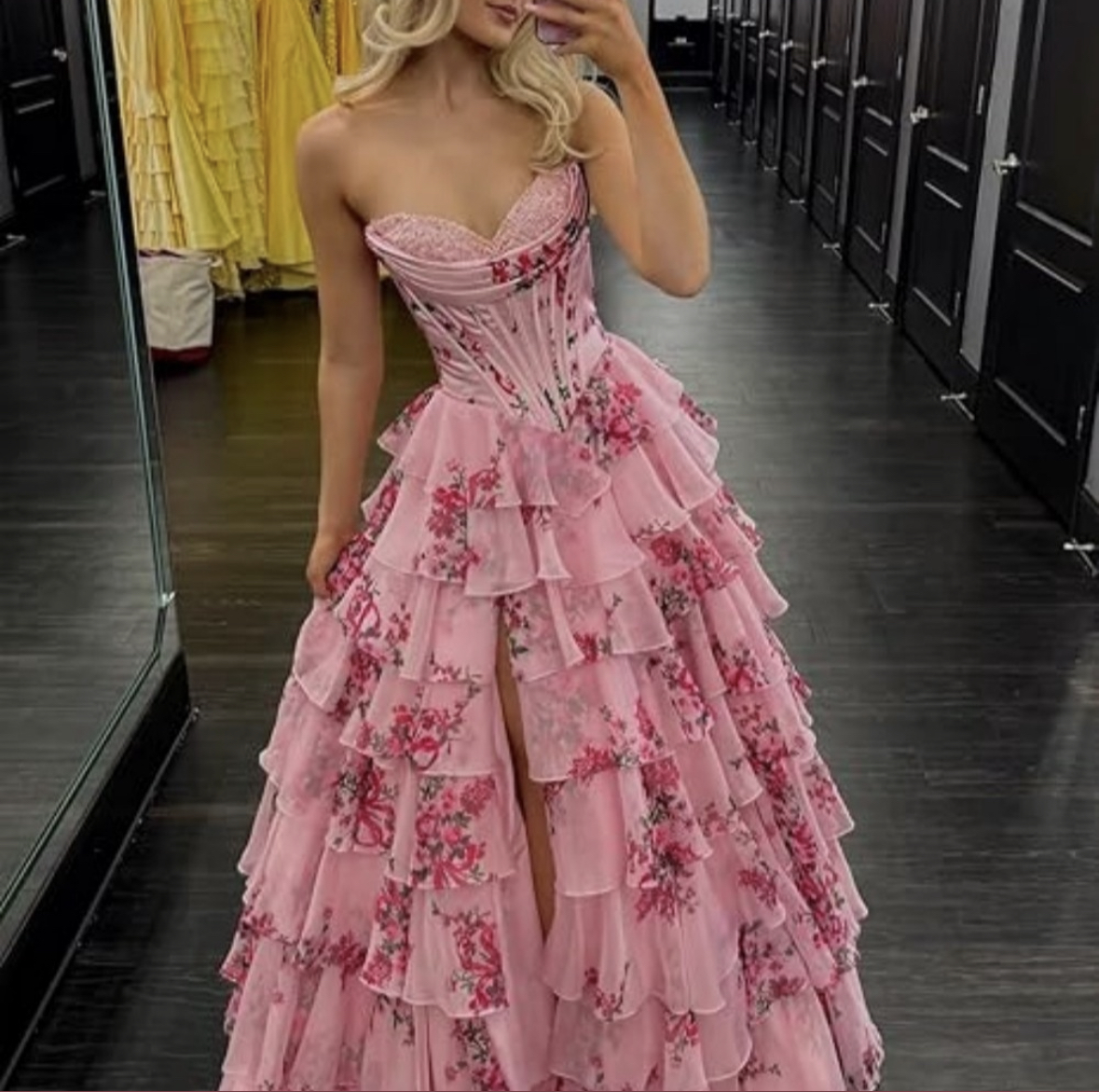 Ruffles Tiered Floral Chiffon Prom Dresses High Slit A-Line Sweetheart Neckline Sleeveless Long Pink Evening Gown Girls Boutique Special Occasion Dres