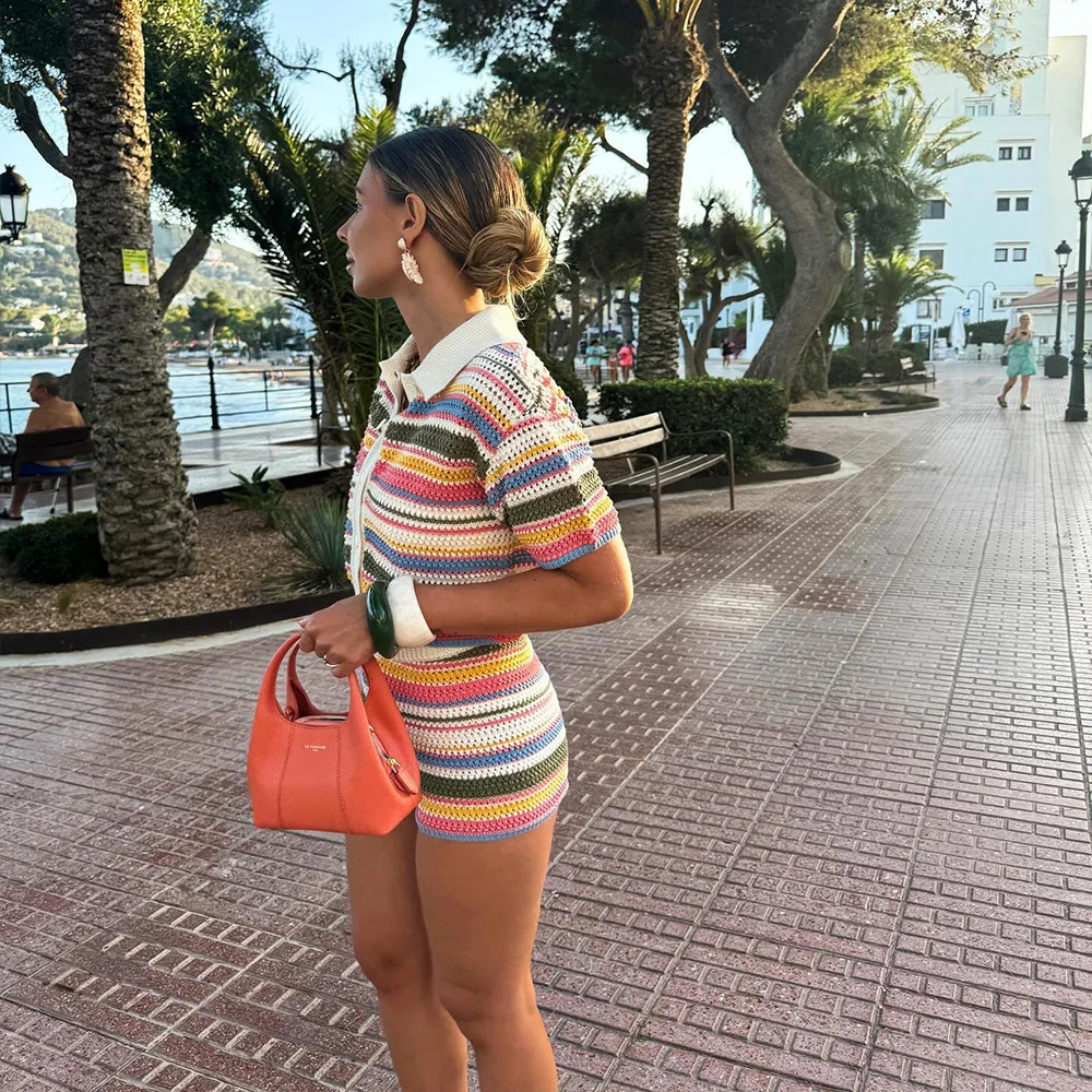 ZATT Summer Collection Sweet Vintage Polo Collar Single Breasted T Shirt Short Pants Candy Color Striped Women Suit Set 250319