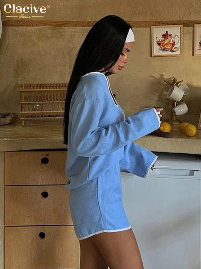 Clacive Fashion Loose Blue Cotton 2 Piece Sets Women Outfit Elegant Long Sleeve Shirt With High Waist Shorts Set Female 250319
