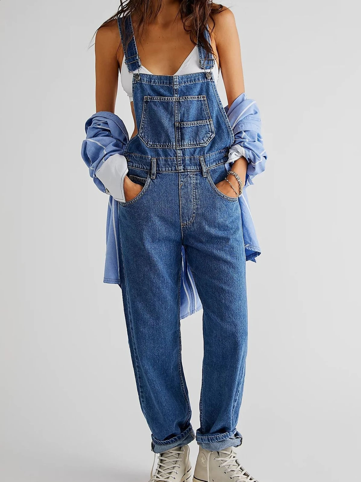 Blue Denim Overalls Jumpsuit Rompers Women Belted Hole Hollow Out E-girl Casual Work Pants Y2k Jeans Long Pants Streetwear 250319