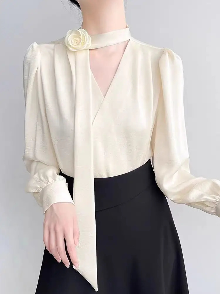 2025 Ladies Clothes French Elegance Rose Bow LongSleeve Blouse Womens Chic SpringAutumn Top Satin High Quality Clothing 250319