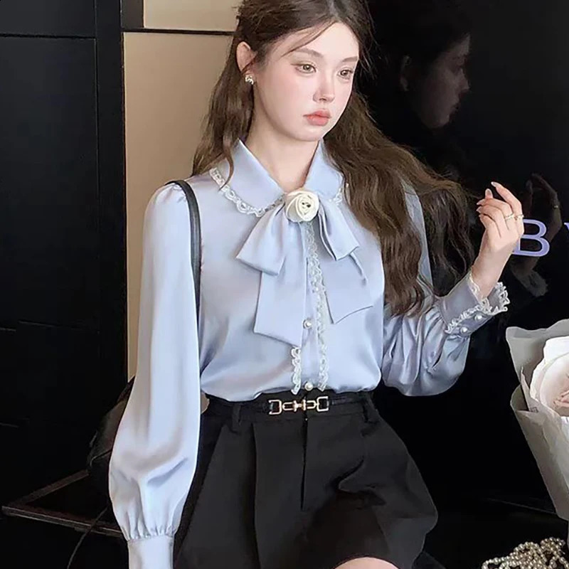 Vintage French Women Shirts Lace Lolita Elegant Long Sleeve Flounce Blouse High Quality Office Lady Fashion Chic Female Tops 250319