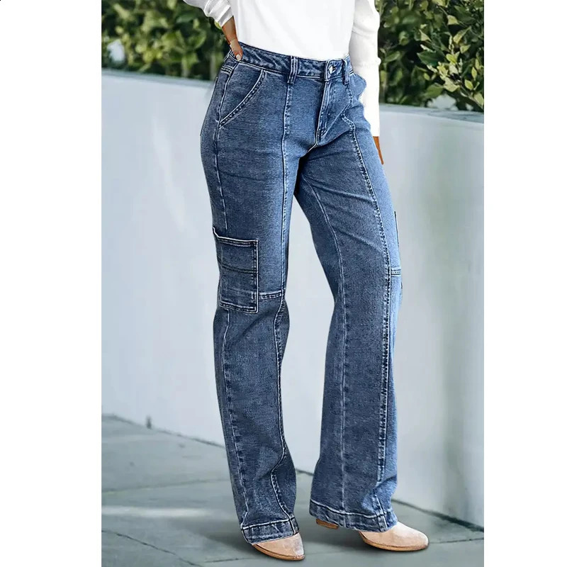 Yellow size high waisted cargo denim pants blue pocket straight leg carpenter tight jeans womens loose Trouser T35 T16 250317
