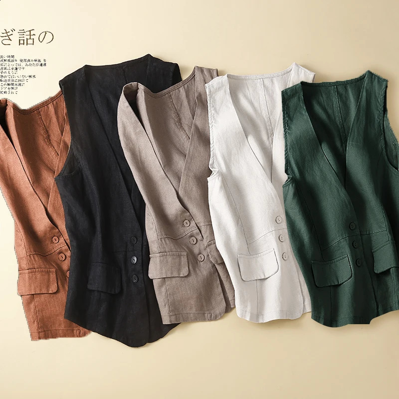 TingYili cotton linen sleeveless jacket summer Vneck white khaki green black vest Korean style cardigan 250319