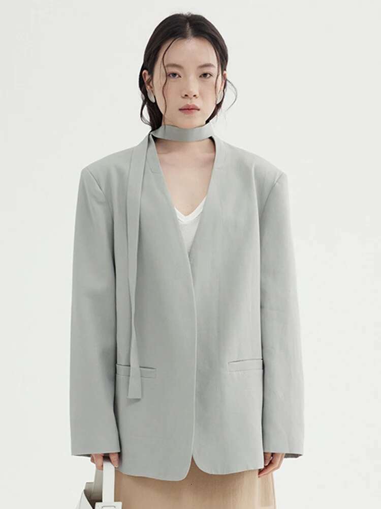 Women Gray Lace Up Ribbon Elegant Blazer V-Neck Long Sleeve New Casual Jacket Fashion Tide Spring Autumn 2025 A568