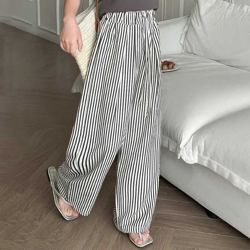 Teenage Girls Summer Pants Thin 2024 New Childrens Striped Wide Leg Pants Daily Casual Full Competition Children Trouser 6 8 10 12 Years OldT250318