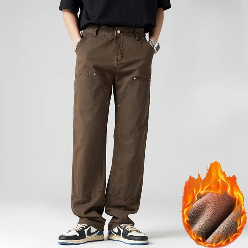 mens casual straight wide leg cargo winter wool lining warm cotton loose style carpenter street clothing 250319