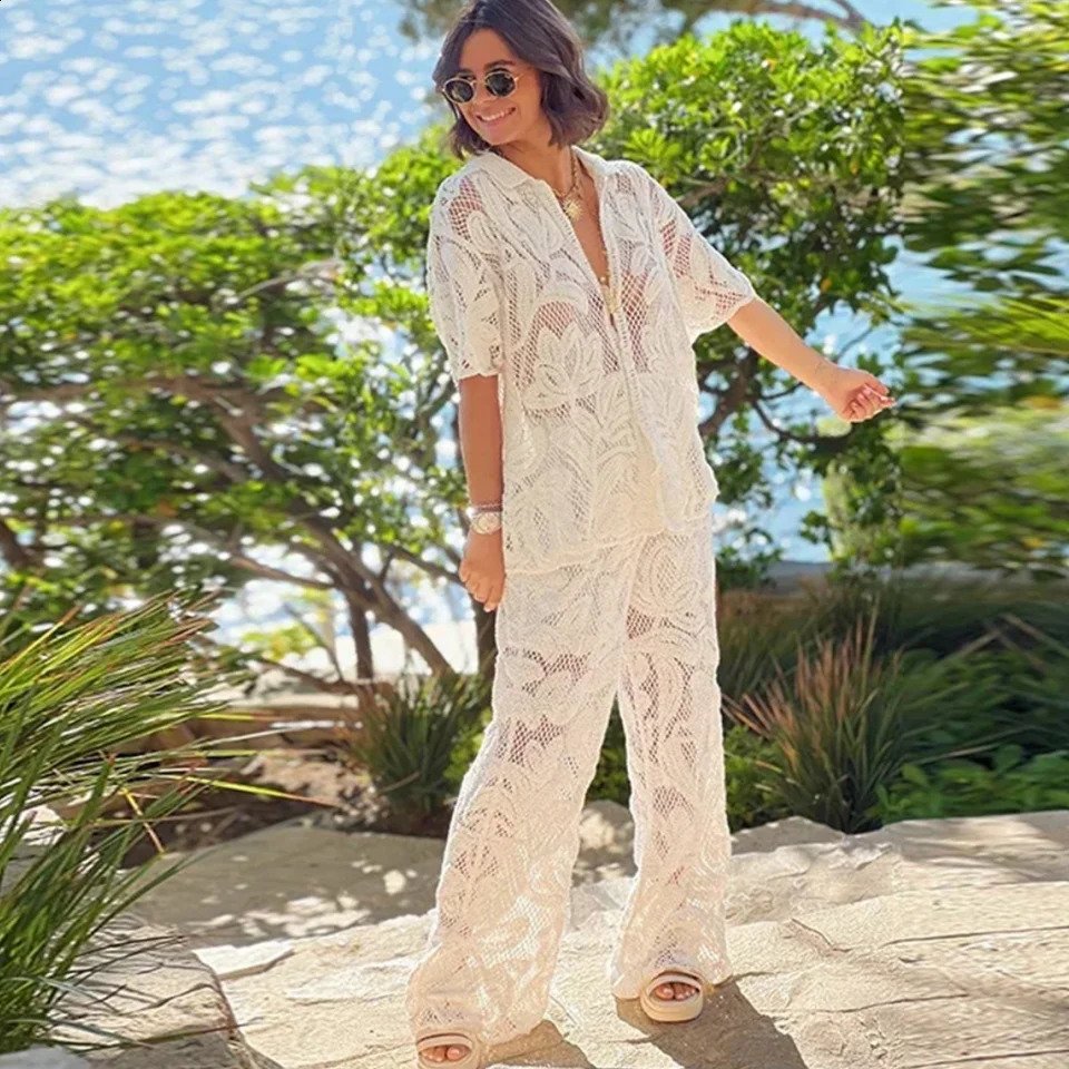 Womens Lapel Hollow-out Suit Short Sleeve Single Breasted Top Straight Leg Trousers Casual Sets Elegant Female Vacation 2PCS 250319