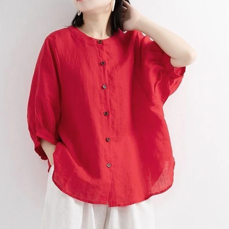 Women In Clothes Cotton Linen Simple Casual Loose Short Sleeve Oneck Allmatch Shirt And Blouse Single Breasted SolidTop 250319
