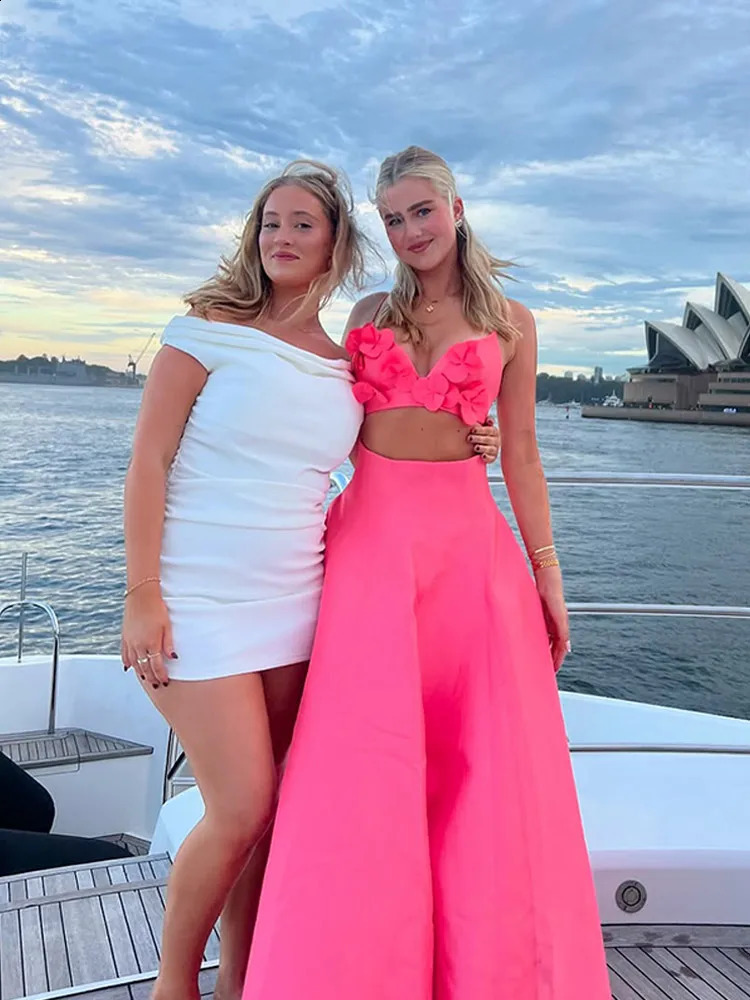 Women Sexy Solid High Waist Pleated Long Skirt Sets Fashion 3d Flower Backless Sling Cropped Tops Suit Lady 2025 Vacation Outfit 250319