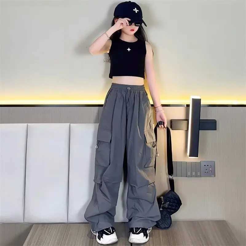 Product pants autumn 5-13 years Korean girls pocket loose fashion street clothing childrens outdoor clothingT250318