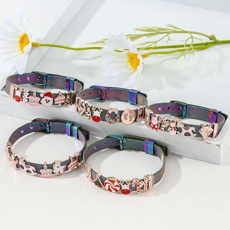 20 Style Stainless Steel Mesh Bracelets With Santa Claus Christmas Tree Beads Charm Keeper Bracelet For Women Kids Jewelry Gift