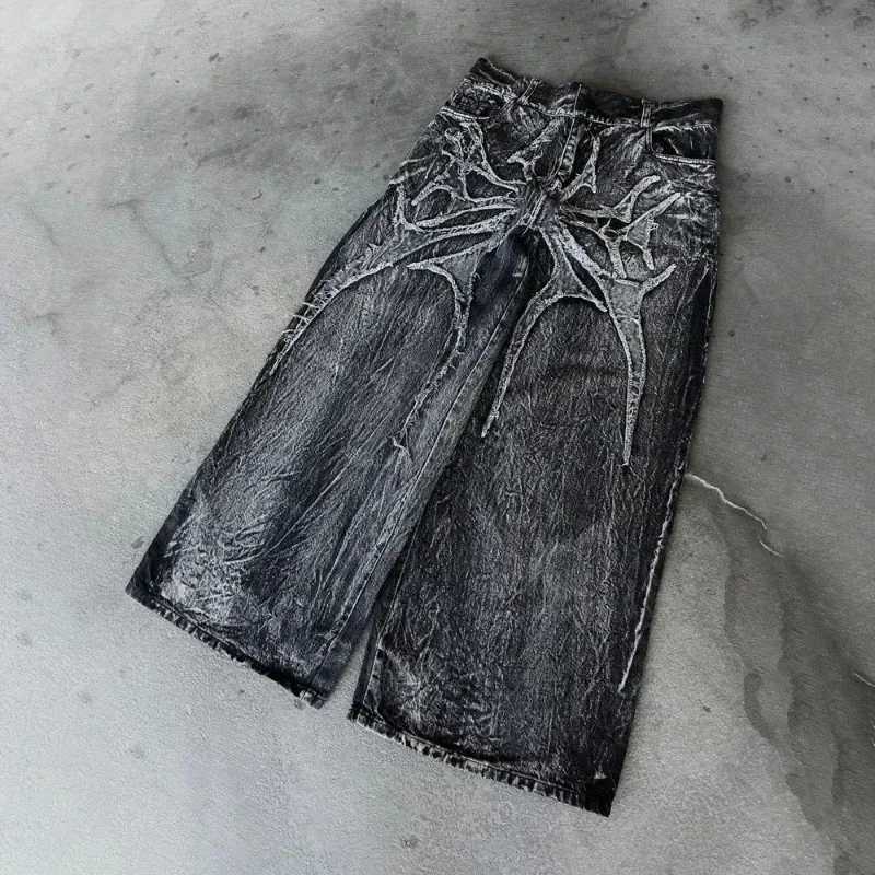 Y2K High Quality Vintage Jeans Spider Embroidered Patchwork Pattern Casual Wide Leg Jeans Gothic Men Women Hip Hop StreetwearT250319