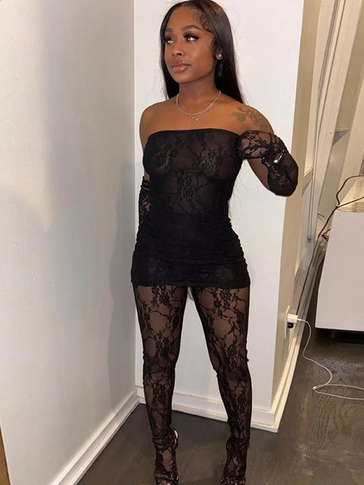 Weird Puss Sexy Lace Women 2Piece Set Tube DressSee Through Stockings Coquette Girls Club Nightout Party Matching Outfits 250319