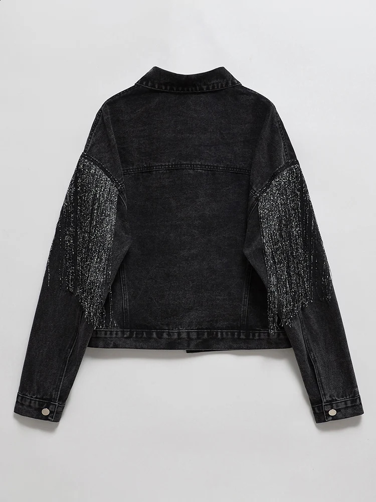 Fitaylor autumn womens retro loose tassel single chest short denim jacket long sleeved lapel 250319