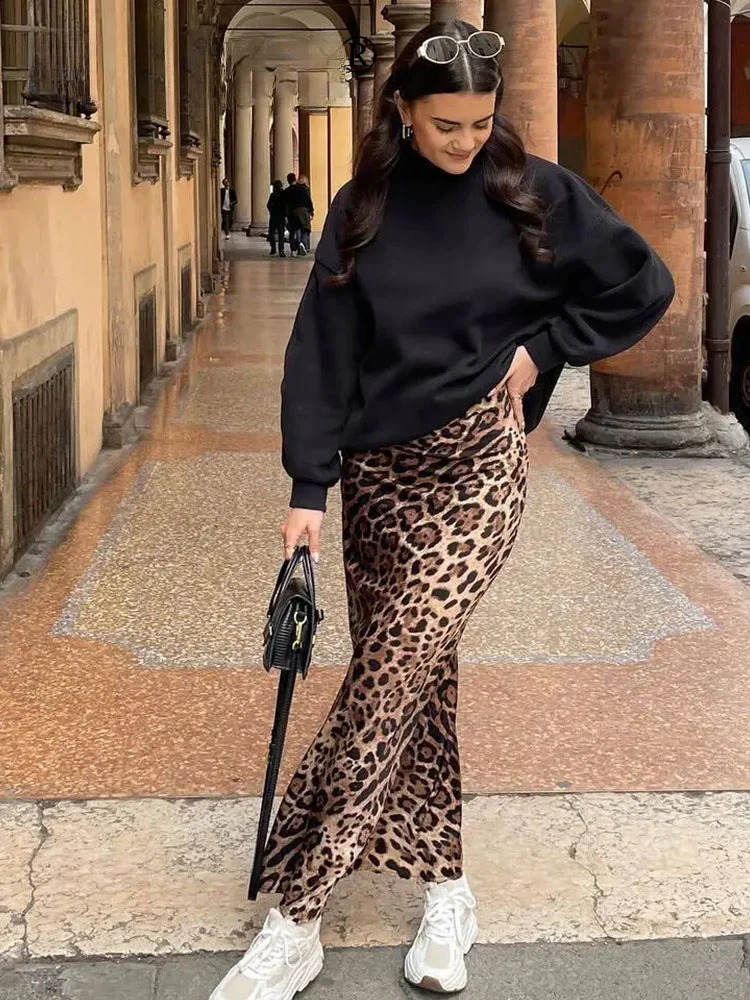 ASDS 2024 Women Fashion Leopard Print Skirt Vintage High Waist Midi Skirts Elegant Women Summer Casual Streetwear Skirt 250313