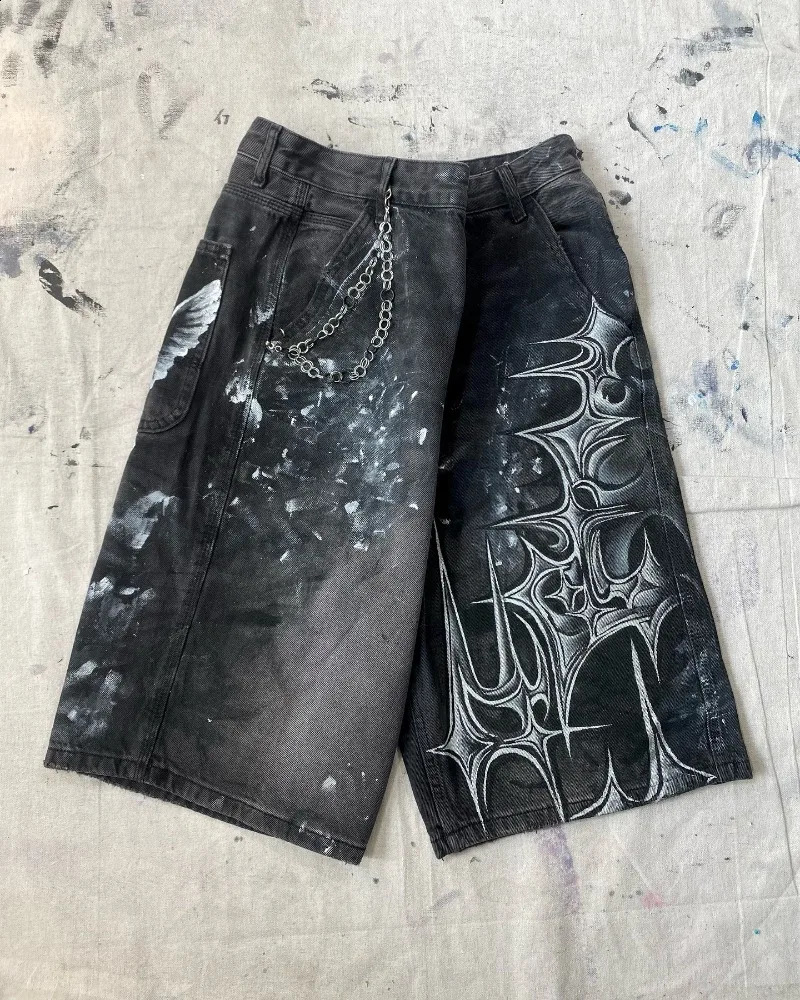 Y2K Harajuku Fashion Oversized Geometric Print Denim Short Men Vintage Gothic Hip Hop Casual Joker High Waist Shorts 250319