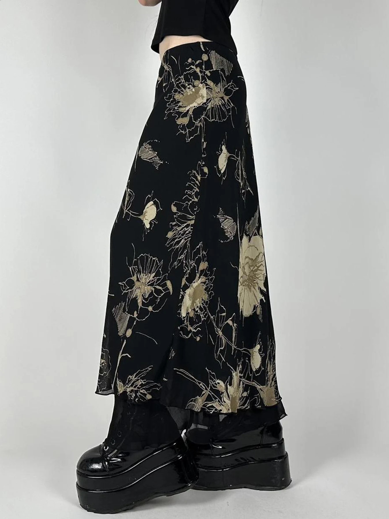 IAMSURE Vintage Floral Mesh Straight Skirt Casual Slim Mid-Waisted Maxi Skirts Women 2024 Summer Spring Fashion Streetwear Lady 250313