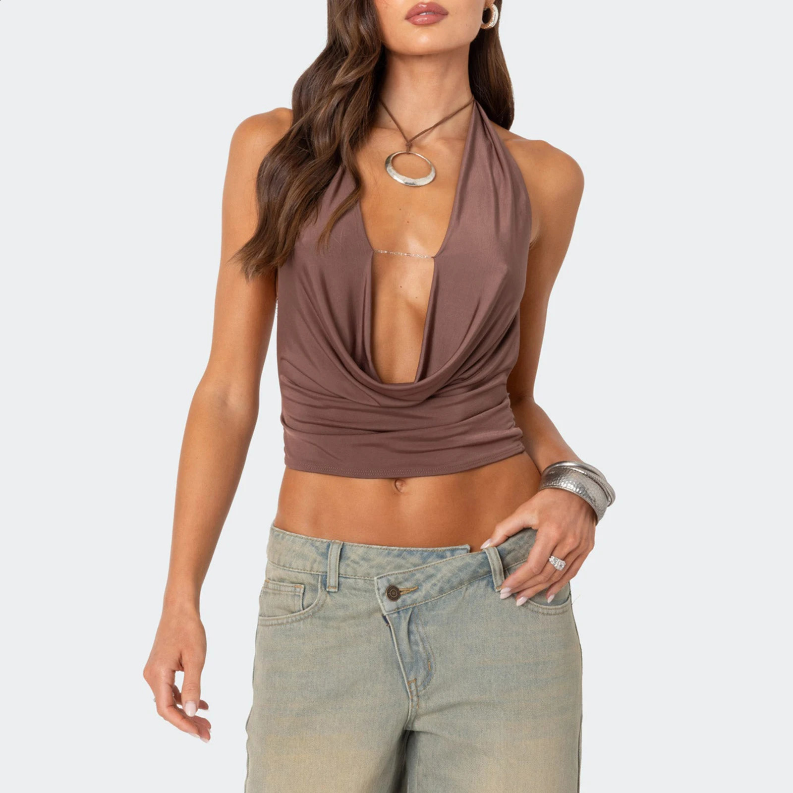 Womens solid color cut camisole collar camisole sleeveless open back deep V-neck slim fit vest top 250314