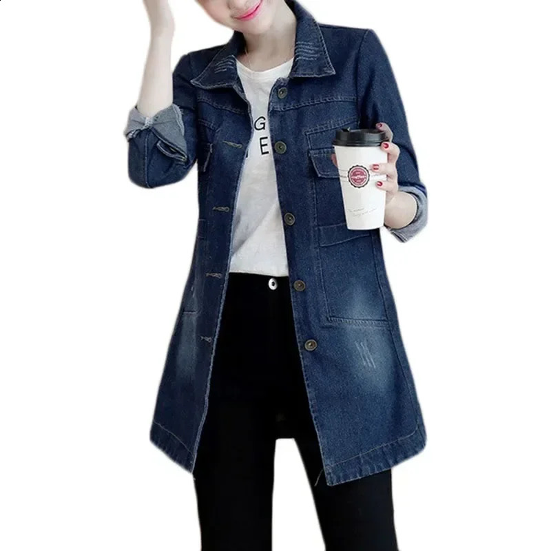 Autumn Winter Korean Denim Jacket 5XL Women Slim Long Base Coat Womens Frayed Navy Blue Casual Female Jeans Jackets Coats 250319
