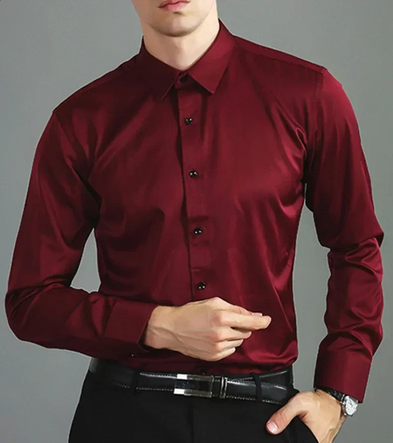 Large size lapel white shirt nonironing and elastic silk luster drape burgundy male business clothes wholesale 250317