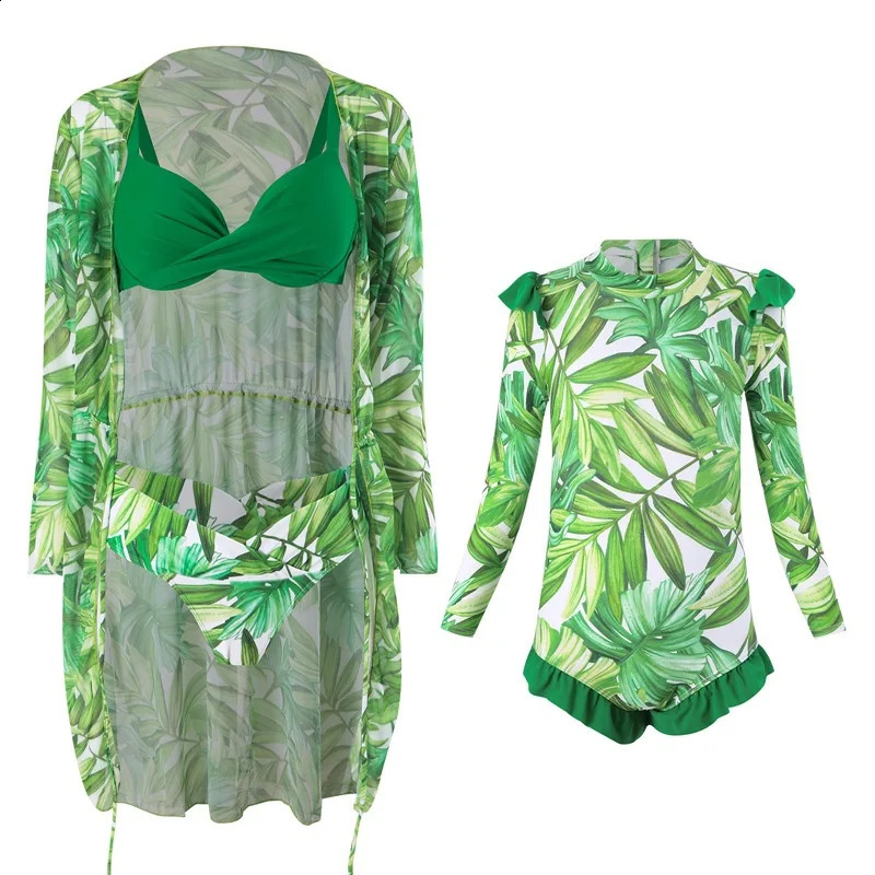 Family Matching Swimsuit Girls Print One-Piece Swimwear Mommy Bikini Sun Protection Cover Up 3Pcs Summer Family Matching Clothes 250319