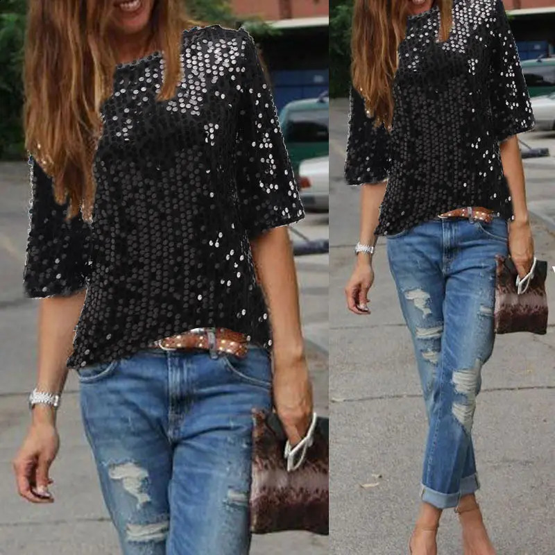 Fashionable womens long sleeved T-shirt for spring/summer cardigan loose and shiny womens top sparkling sequin T-shirt 250314