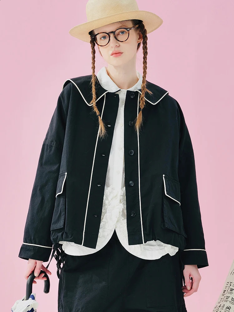 imakokoni black navy collar jacket spring pure cotton washed lace small round neck n shirt for women 244982 250317