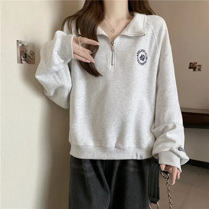 Lazy Style Letter y Half Zipper Pullover Plus Size Hoodie for Womens Casual Loose Standing Collar Long Sleeved Top 250318
